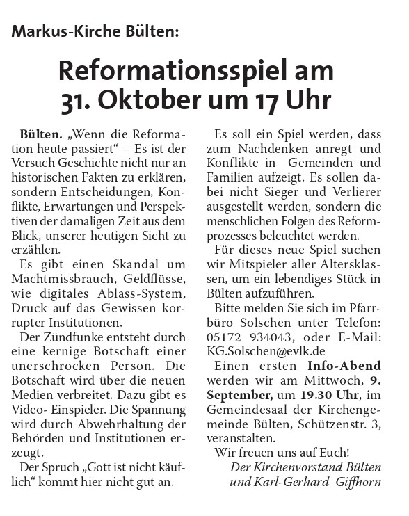 Reformationsspiel in der Markus-Kirche Bülten